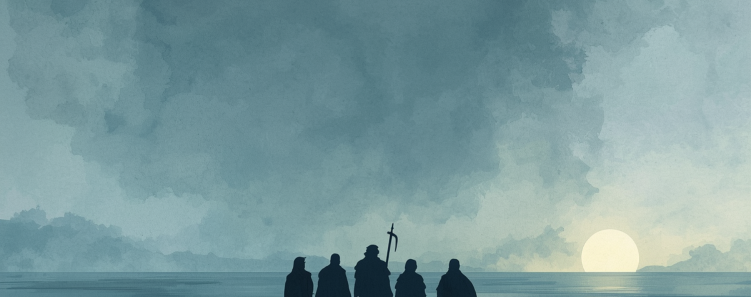 Five figures looking across the sea in The Odyssey